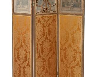 1106
Late 19th/early 20th century
A Continental Three-Panel Room Divider
The carved and giltwood room divider with brass hinges, each section with jacquard fabric depicting foliate motifs and cherubic figures centering an embroidered ribbon trim, set below framed panels, one panel featuring a print of a jousting scene, one panel decorated with carved wood high relief stringed instrument, arrows, and draped floral motifs over a mirrored surface, and one panel featuring a print of "Madame la Comteße" at a concert
Open: 68" H x 62.5" W x 1.25" D; closed: 68" H x 21" W x 3.25" D
Estimate: $500 - $700