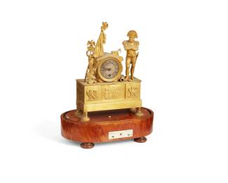 1112
Early/mid-20th century
A French Napoleon Mantel Clock
The single-train movement clock with Roman numeral dial housed in a gilt metal sculptural case with mounted Napoleon standing above a footed Egyptian sarcophagus, raised on a footed wood box with two switches "Changer" and Touer," and a pull string
12" H x 9.5" W x 5.75" D
Estimate: $300 - $500