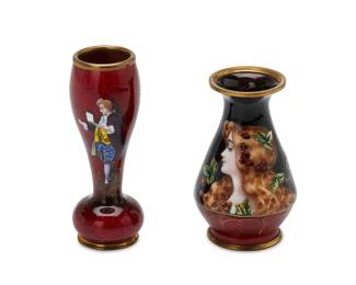 1121
Late 19th century
Two French Limoges Enamel Cabinet Vases
One signed: EM Courus [sic]
Each small enamel-on-copper vase with figural decoration and painted highlights, one with a woman's profile on black and red ground and one with a man on a red guilloche ground, 2 pieces
Larger: 3.25" H x 1.25" Dia.
Estimate: $300 - $500