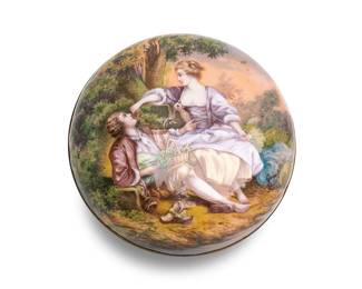 1120
Late 19th/early 20th century
A French Limoges Enamel Vanity Box
Signed: Casa Vignes / France / Gamet / France
The circular enamel-over-copper vanity box with pastoral figural scene depicting a courting couple to the lid and woodland scene to the base
3.625" H x 6" Dia.
Estimate: $400 - $600