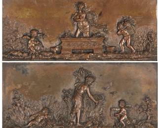 1119
Late 19th century
A Set Of Four Bronze Wall Plaques
Each appears unsigned; inscribed in pencil verso on the plaque depicting spring
Each bronze wall plaque depicts either winter, autumn, spring, or summer, 4 pieces
Sight: 4.375" H x 9.625" W
Estimate: $600 - $800