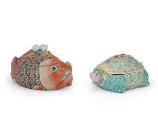 1127
20th century
Two Chinese Famille Rose Figural Porcelain Tureens
Fish marked to the underside in red enamel for: Jingdehzen Make
Comprising one lidded turtle-shaped tureen and one lidded dual fish-shaped tureen with a peach finial, each decorated with enamels in the Famille Rose palette, 2 pieces
Larger: 9" H x 16.5" W x 10" D; smaller: 6" H x 8.5" W x 15" D
Estimate: $400 - $600