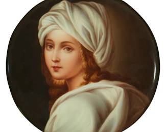 1138
Early 20th century
An Italian Porcelain Portrait Plaque
Marked on the verso with a red Florentine Crest backstamp and 764
Depicting Beatrice Cenci within an ornate giltwood frame
Portrait: 6.25" Dia.; frame: 8.75" H x 9" W
Estimate: $300 - $500