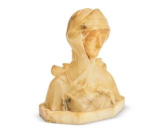 1141
Early 20th century
An Alabaster Bust Of A Woman
Marked to base: Italy
Depicting a female visage, partially obscured by her robes, and mounted to a geometric alabaster base
12" H x 10.5" W x 5.5" D
Estimate: $500 - $700