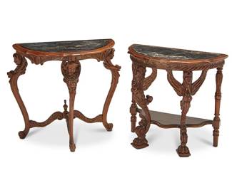 1144
20th century
Two Small Carved Wood Demilune Tables
Each with inset black marble top, one with Greek sphinx supports over an undershelf and one with putti supports over a stretcher, 2 pieces
Larger: 25" H x 25.25" W x 13.75" D; smaller: 23.5" H x 25" W x 13.5" D
Estimate: $300 - $500
