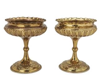 1153
Mid-20th century; Italy
A Pair Of Egidio Casagrande Brass Compotes
Marked to the underside: E. Casagrande / Italy / Borgo Valsugana / 142
Each hammered brass compote with all-over repousse and chased decoration and fluted rim, 2 pieces
Each: 14" H x 12.5" Dia.
Estimate: $200 - $300