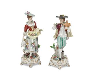 1163
20th century
Two Sitzendorf Porcelain Figures
Each with blue underglaze Sitzendorf mark
Each glazed porcelain, comprising a bucolic male and female figure, 2 pieces
Larger: 7.75" H x 3" W x 2.5" D
Estimate: $200 - $400