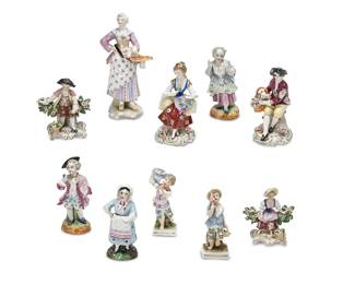 1164
20th century
A Group Of Porcelain Figures
Four marked for Sitzendorf; one marked for Meissen; two marked for Chelsea
Each glazed porcelain, comprising various German and English pastoral figures, 10 pieces
Largest: 7" H x 3.25" W x 2.5" D
Estimate: $200 - $400