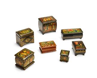 1169
Late 20th century
A Group Of Russian Palekh Lacquered Boxes
Each variously marked for artist and date
Comprising eight lidded rectangular boxes, three with hinges, each all-over lacquered and depicting hand-painted scenes from Russian fairytales, 7 pieces
Largest: 2.325" H x 2.75" W x 2" D; smallest: 1.5" H x 1.25" W x 1.25" D
Estimate: $200 - $400