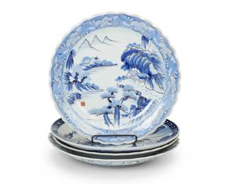 1174
Meiji Period 1868-1912 or later
A Group Of Japanese Blue And White Porcelain Chargers
Two marked to the underside in blue underglaze with Kanji characters
Comprising four chargers of various size, each with blue underglaze decoration on a white ground, 4 pieces
Largest: 2.25" H x 16" Dia.; smallest: 2.25" H x 15.5" Dia.
Estimate: $200 - $300