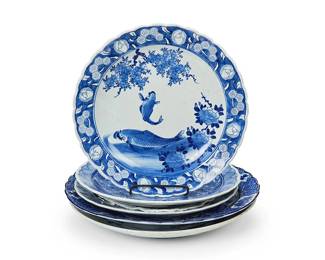 1175
Meiji Period 1868-1912 or later
A Group Of Japanese Blue And White Porcelain Chargers
Each appears unmarked
Comprising five ceramic charges of various size, each with blue underglaze decoration on a white ground, 5 pieces
Largest: 2.75" H x 18.75" Dia.; smallest: 2.25" H x 15.5" Dia.
Estimate: $300 - $500