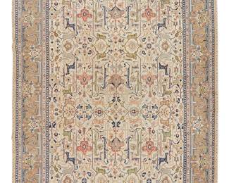 1180
Mid/late 20th century; Iran
A Persian Zarand Area Rug
The wool on cotton rug with polychrome geometric motifs on a beige ground
13' 9" H x 9' 6.5" W
Estimate: $700 - $900