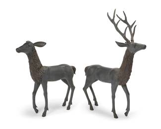 1200
Late 20th/early 21st century
Two Life-Size Bronze Deer Garden Figures
Each marked: Antonio Olivo
The patinated bronze standing figures, one of a doe and one of a stag, 2 pieces
Stag: 58.5" H x 17" W x 38" D; doe: 41" H x 14.5" W x 40" D
Estimate: $800 - $1,200