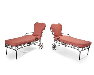 1202
Late 20th century
A Pair Of Wrought Iron Chaise Lounges
Each appears unmarked
The black painted iron frame with scrolled back splat, curvilinear arm rests, and slatted seats set on two straight legs and two wheels, all supporting coral upholstered cushions
Each: 40" H x 65" W x 24" D
Estimate: $500 - $700