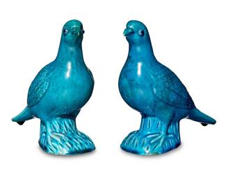 1214
Late 19th/early 20th century
Two Chinese Export Porcelain Pigeon Figures
Each appears unmarked
The turquoise glazed porcelain standing pigeon figures, 2 pieces
Each: 7.625" H x 8" W x 3.5" D approximately
Estimate: $150 - $250
