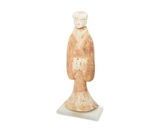 1218
Han Dynasty 202 BC-9 AD, 25-220 AD or later
A Chinese Han Dynasty-Style Pottery Figure
Appears unmarked
Depicting a robed figure, possibly a court official, with polychrome slip glazing remnants throughout
31" H x 12.5" W x 8.25" D
Estimate: $500 - $700
