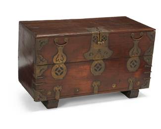 1233
Early/mid-20th century
A Small Korean Blanket Chest
Appears unmarked
The footed storage chest with a front padlocked, hinged access panel and decorative metalwork
17.5" H x 29.5" W x 14" D
Estimate: $500 - $700