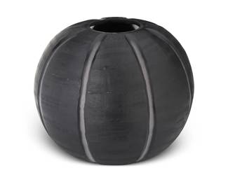 1240
20th Century
A Black Art Glass Vase
Appears unmarked
The black studio art glass globe-shaped vase with impressed vertical ribbing throughout
11" H x 12.5" Dia.
Estimate: $300 - $500