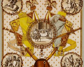1257
Mid/late 20th century
A Framed Vintage Hermès "Napoleon" Silk Scarf
Marked in the weave: Hermès-Paris / Ledoux
Designed by Philippe Ledoux, first issued in 1963, re-issued in 1985
Entitled "Napoleon," the likely silk twill scarf, in blue, chartreuse, brown, gold, and cream, designed with four corner roundels with scenes depicting highlights of Napoleon's life inspired by famous paintings of the time, the center scene surrounded with French flags, Imperial eagles and Napoleon's uniforms, as well as the Grand Collier of the Légion d'Honneur, two sabres and the iconic bicorne hat below, all amid a background of bees, with a blue border and professionally mounted and framed behind Plexiglas
Scarf: 32.5" H x 32.5" W
Estimate: $400 - $600
