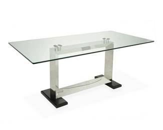 1265
Circa 1990s
A Postmodern Sculptural Chrome Dining Table
With a glass top over a chromed metal rectangular base on black feet
30.25" H x 71" W x 36.375" D
Estimate: $500 - $600