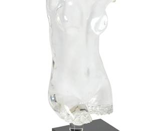 1264
20th century
A Life-Sized Acrylic Sculpture Of A Female Torso
Appears unmarked
The cast acrylic figure of a female torso mounted to a black acrylic hollow base
With base: 35.25" H x 15.5" W x 8" D
Estimate: $600 - $800