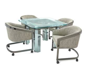 1266
Circa 1980s
A Dining Table With Four Chrome Barrel Chairs
Each chair with tag to the underside: Design Institute of America
The square dining table with a chrome base and etched glass top, colored pink and teal within the triangular motifs, along with a set of four DIA-manufactured barrel chairs with chrome frame and reptile skin embossed upholstery, each chair on four casters, 5 pieces
Table: 28" H x 42" W x 42" D; each chair: 28.5" H x 24.5" W x 24" D
Estimate: $500 - $750