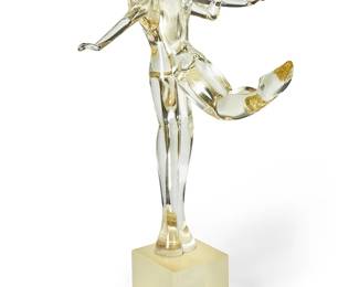 1273
Renato Anatra (B. 1943)
A Murano glass sculpture of two dancers, circa 1980s
Etched signature to base: R. Anatra / [sic] VV 60
The glass figures with frosted glass base
2 pieces
With base: 23.75" H x 14.25" W x 14.75" D
Estimate: $300 - $500