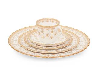 1278
Mid/late 20th century
A Spode "Fleur De Lys Gold" Bone China Dinner Service
Each marked: Spode / Fine Bone China / England / Y8063-E / Fleur De Lys Gold
Comprising 6 dinner plates (10.75" ), 6 salad plates (8.125"), 6 coffee saucers (6.325"), 6 tea saucers (5.5"), and 6 tea cups (3"), 30 pieces
Estimate: $300 - $500
