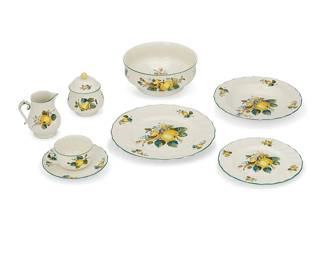 1279
Late 20th century
A Villeroy & Boch "Jamaica" Porcelain Dinner Service
Each marked to underside: Villeroy & Boch / Septfontaines / Vitro-Porcelaine / >>Jamaica<< / Spülmaschinenfest Garanti inaltérable / Made in Luxembourg / Ancienne Manufacture Imperiale et Royale Fondee en 1767
Comprising 8 dinner plates (10.25" Dia.), 16 salad plates (7.75" Dia.), 8 rimmed soup bowls (9.125" Dia.), 8 cups (3.5" Dia.) with 8 saucers (6.125" Dia.), 1 serving bowl (8" Dia.), 1 lidded sugar (4.625" H x 3.75" Dia.), and 1 creamer (4.125" H x 3.25" Dia.), 51 pieces
Estimate: $200 - $300