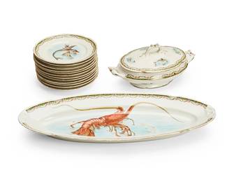 1280
Mid-20th century
A Richard Ginori Porcelain Seafood Service
Each stamped: Decorazione Eseguita Da Richard Ginori
The seafood service in a variation of the "Quenelle" pattern with gilt scalloped edges, depicting various fish and decorated with floral trim, comprising 12 fish plates (8.625"), 1 covered casserole (13.25"), and 1 lobster platter (22.75"), 14 pieces
Estimate: $400 - $600