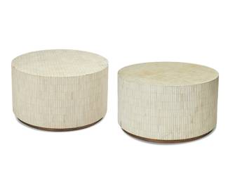 1282
Late 20th century/early 21st century
A Pair Of Enrique Garcel-Style Postmodern Drum Tables
Each appears unmarked
In the style of Enrique Garcel for Jimeco, each circular coffee table with all-over tessellated bone tiling
Each: 19" H x 36" Dia.
Estimate: $300 - $500