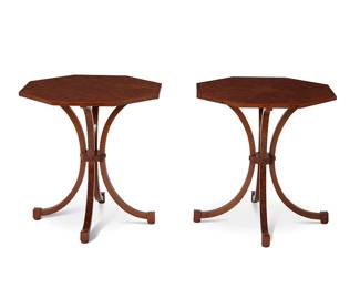 1287
Mid/late 20th century
A Pair Of Restall Brown Clennell Side Tables
One with sticker to underside: R.B.C. / Made in England
The octagonal tables with book-matched burl wood veneered tops over four concave legs joined at their juncture by a solid circular stretcher, 2 pieces
Each: 23" H x 22" W x 22" D
Estimate: $500 - $700