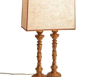 1291
Late 20th/early 21st century
A Contemporary Gilt Plaster Double-Columned Table Lamp
Appears unmarked
With a square, mica shade, electrified
Overall: 31" H x 16" W x 8.75" D
Estimate: $200 - $400