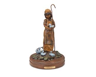 1299
Walt Horton
1949-2010
"Feathered Friends"
Cold-painted, patinated, and polished bronze on rotating wood base
Edition: 8/100
Etched signature and numbered near the base; titled and attributed on a brass plaque mounted to front of base
16.5" H x 9.75" Dia.
Estimate: $400 - $600