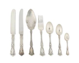 1305
Early 20th century
A Partial Wallace "Berain" Sterling Silver Flatware Service
Each with maker's mark: R. W. [stag] & S.
Designed 1907, comprising 13 place forks (7.125"), 7 place knives (8.5"), 2 tea spoons (5.75"), a five o'clock tea spoon (5.325"), 1 demitasse spoon (3.875"), and 1 jelly server (8.25"), personalized, 25 pieces
Weighable sterling: 18.47 oz. troy approximately
Estimate: $400 - $600
