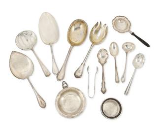 1307
Early/mid-20th century
A Group Of Assorted Sterling Silver Flatware Items
Marked for various makers such as Gorham, Towle, and A. Stowell
Comprising various spoons, serving utensils, and tea service tools, 13 pieces

Largest: 9" L; smallest: 4.25" L
Weighable sterling: 28.975 oz. troy approximately
Estimate: $300 - $500