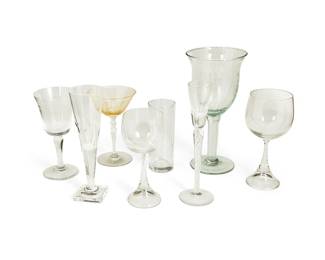 1313
20th century
A Group Of Various Stemware Items
Comprising 6 Rosenthal wine glasses, 6 frosted glass martini glasses, and 9 sherry flutes, and other various shapes and styles of stemware, 31 pieces
Largest: 9.625" H x 4.75 Dia.; smallest: 3" H x 3.75" Dia.
Estimate: $100 - $200