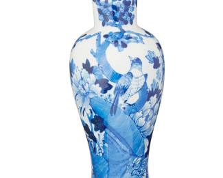 1323
20th century
A Chinese Kangxi-Style Blue And White Porcelain Vase
Marked to the underside with two rings in blue underglaze
With a continuous foliate and avian scene, depicted in blue underglaze on a white glazed ground
12" H x 4.5" Dia.
Estimate: $100 - $200