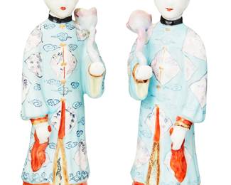 1329
20th century
A Pair Of Famille Rose Porcelain Immortal Figures
Each marked to the underside in red enamel with various characters
Each polychrome enameled porcelain figure, likely the Chinese Taoist Immortal He Xiangu, depicted clothed in elaborately patterned robes, brandishing a lotus flower, 2 pieces
Each: 9.5" H x 2.75" W x 2.5" D
Estimate: $100 - $150