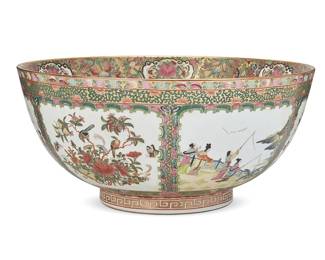 1332
Mid-20th century
A Chinese Rose Medallion Porcelain Bowl
Marked to the underside in red enamel bearing an apocryphal reign mark for Qianlong Period (1736-1795), Macao [Macau]
The large Famille Rose porcelain bowl with a Rose Medallion pattern, gilt highlights, and polychrome enamel decoration in alternating bird and floral patterns and figural scenes with key trim
7.325" H x 15.875" Dia.
Estimate: $200 - $400