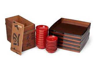 1338
Mid/late 20th century
A Group Of Japanese Lacquer Trays And Bowls
The bowls marked with kanji character for "boar"
Comprising 5 serving trays with orange glitter finish (1.325" H x 13.625" W x 13.625" D), 8 red lacquer soup bowls (2.25"H x 4.875" Dia.), and 8 small red lacquer shallow bowls decorated with incised and gilt avian and botanical motifs (1.325" H x 4.5" Dia.); the bowls housed in a lidded wooden box, 21 pieces
Box: 10.125" H x 13.125" W x 6.325" D
Estimate: $300 - $500