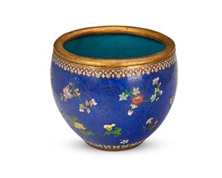 1347
Mid/late 20th century
An East Asian Cloisonné Fishbowl
Appears unmarked
With polychrome enameled foliate motifs on a cobalt enamel ground
10.5" H x 11.75" Dia.
Estimate: $500 - $700