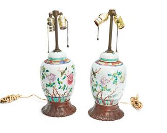 1357
20th century
A Pair Of Chinese Famille Rose Porcelain Lamps
Each appears unmarked
Each ceramic ginger jar with enameled avian, butterfly, and floral tableaus in a Famille Rose palette, retrofitted as a table lamp, electrified, 2 pieces
Each: 19.5" H x 6" Dia.
Estimate: $300 - $500