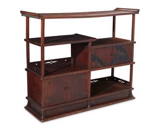 1359
Mid/late 20th century
A Japanese-Style Display Cabinet
Appears unmarked
The four-tiered wood cabinet with brass hardware, featuring two swing-door cabinets, four display cubbies, and one stepped shelf
43.25" H x 51.75" W x 17.75" D
Estimate: $500 - $700