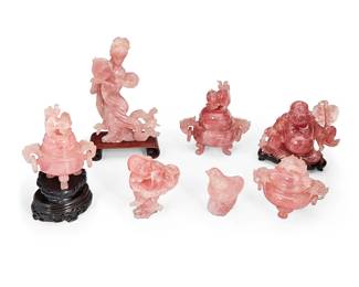 1361
20th century
A Group Of Chinese Carved Stone Figures
The carved pink quartz figures, three on carved wood stands, comprising three lidded censors of various sizes with high relief dragon motifs and opposed handles with rings, one figure of a lady holding a fan, two Buddha figures, and one bird figure, 7 pieces
Largest with base: 11.75" H x 7" W x 3.5" D; smallest: 4.25" H x 3.125" W x 1.75" D
Estimate: $400 - $600