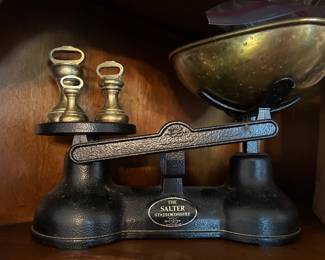 “THE SALTER” VINTAGE ENGLISH KITCHEN SCALES with BRASS BELL WEIGHTS