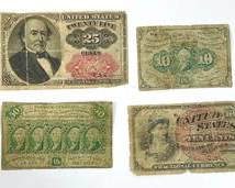 First Issue Fractional 50 Cents Currency, 1863 Fractional 10 Cents Currency, First Day Issue Fractional 10 Cents Currency, & 1875 Fractional 25 Cents Currency
