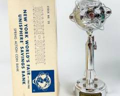 1964-1965 New York WorldÕs Fair Missile-Sphere Unisphere Savings Spring Action Coin Bank Stock No. 20 W/ Key & Original Box
