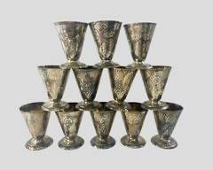 12 Sterling Silver Hand Hammered Arts & Crafts Cordial Cups 658 Grams
