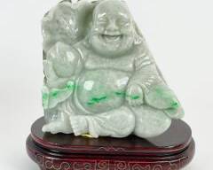 Vintage Asian Carved Jade Buddha 7Ó Figure On Wooden Base
